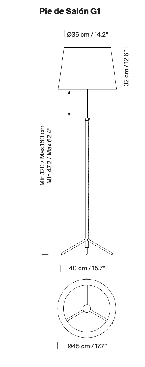 Technical line drawing illustration of the Santa & Cole Pie de Salon G1 adjustable floor lamp with clean architectural details.