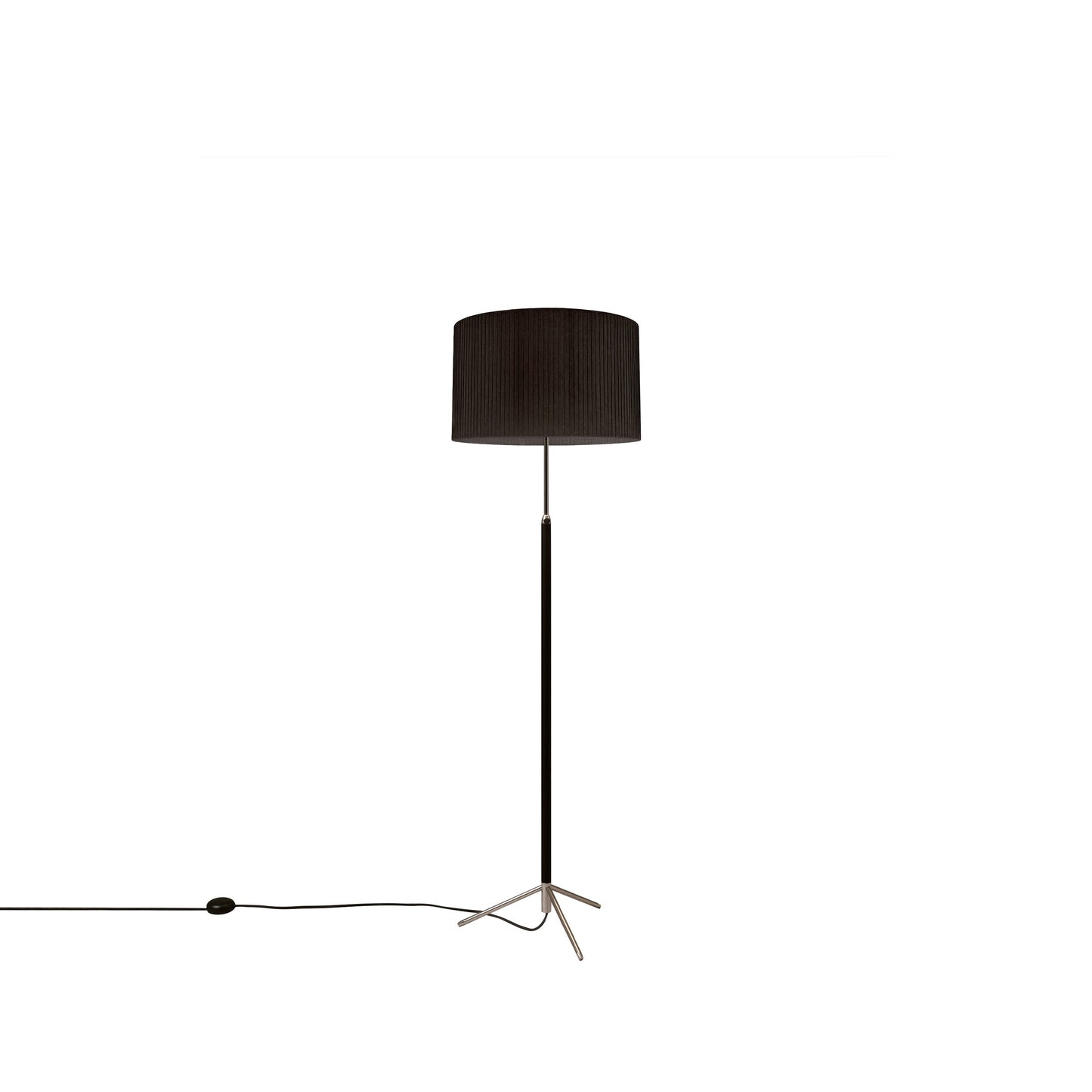 Designer floor lamp with leather stem and black ribbon shade for sophisticated interiors