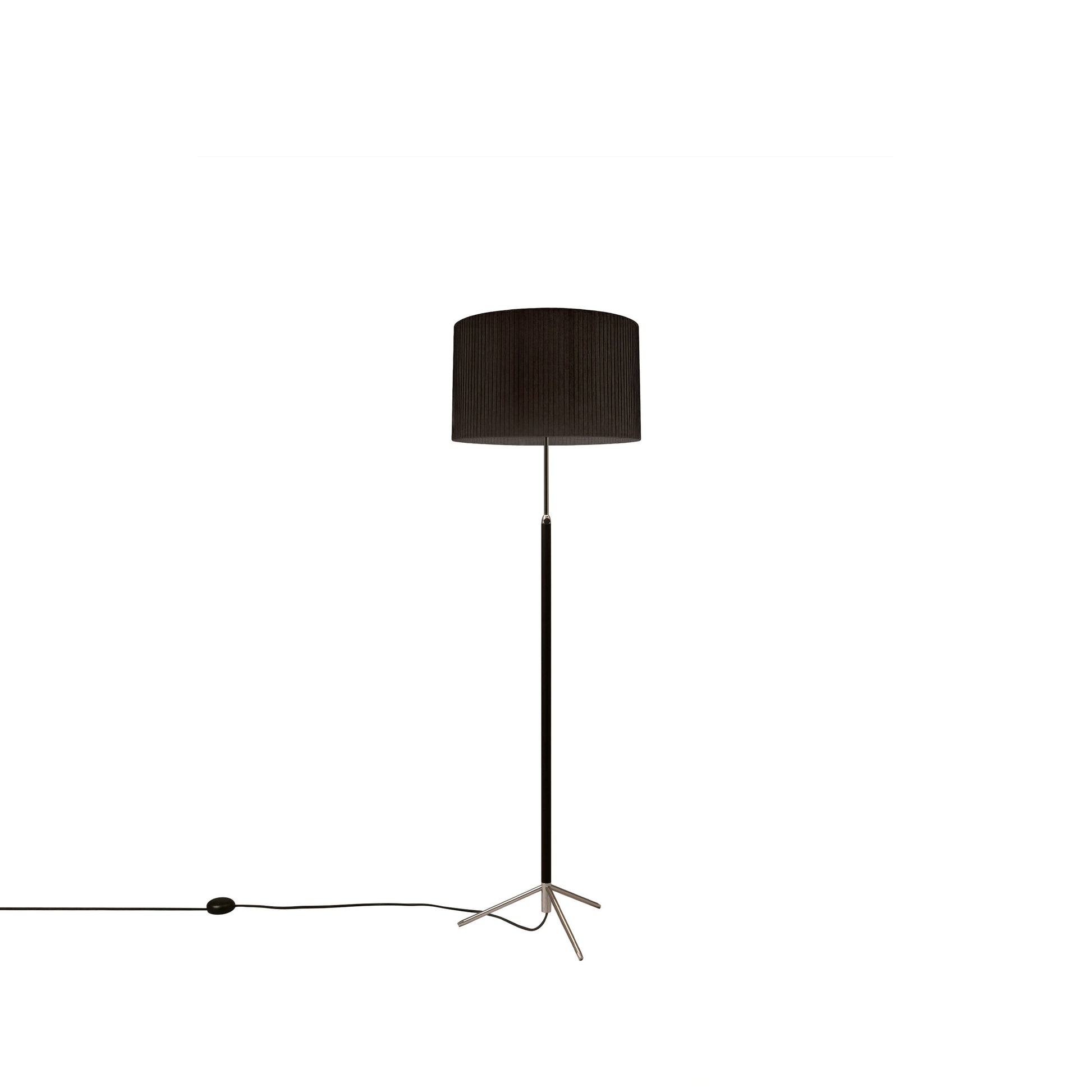 Designer floor lamp with leather stem and black ribbon shade for sophisticated interiors
