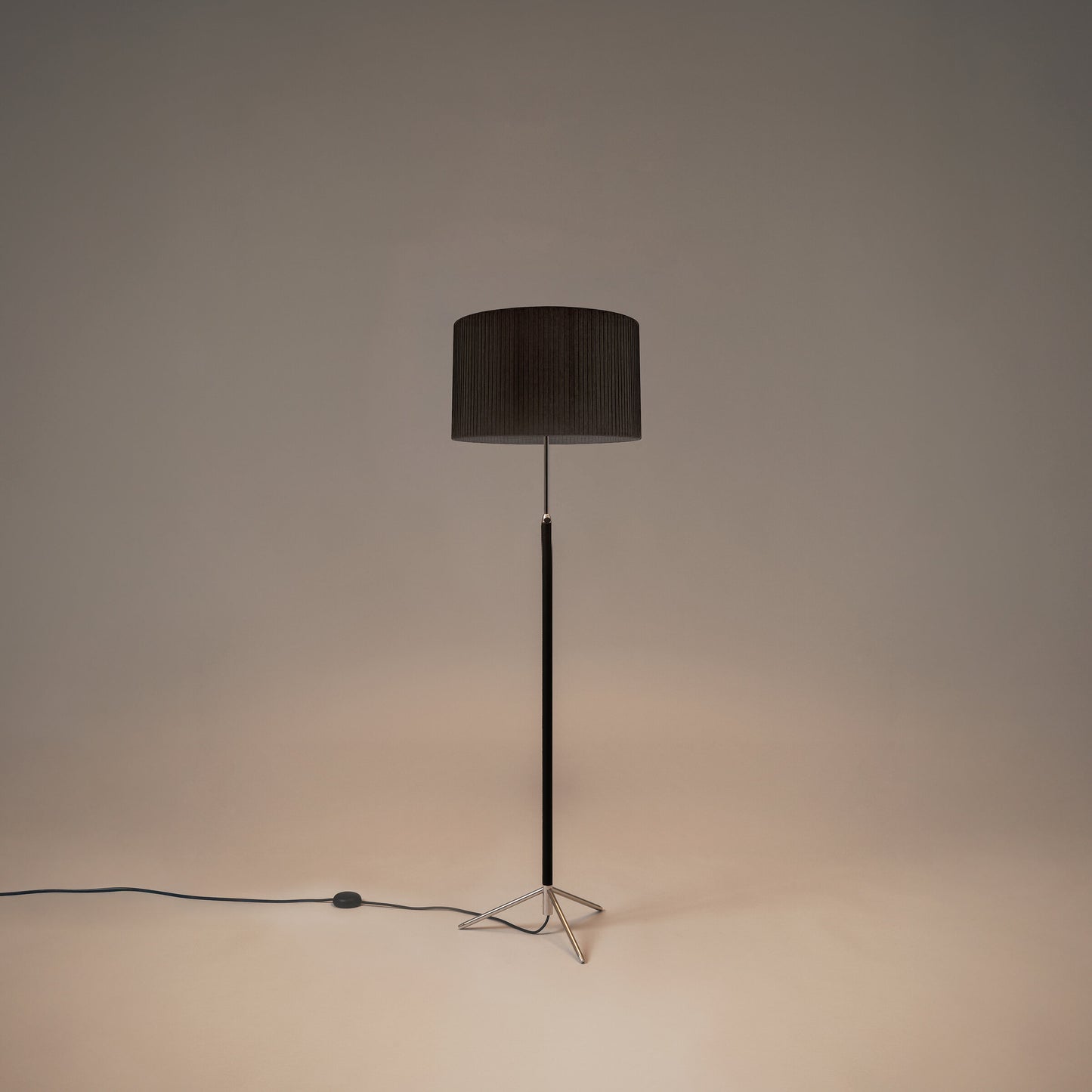 Pie de Salon G2 leather stem floor lamp with black ribbon shade and chrome finish
