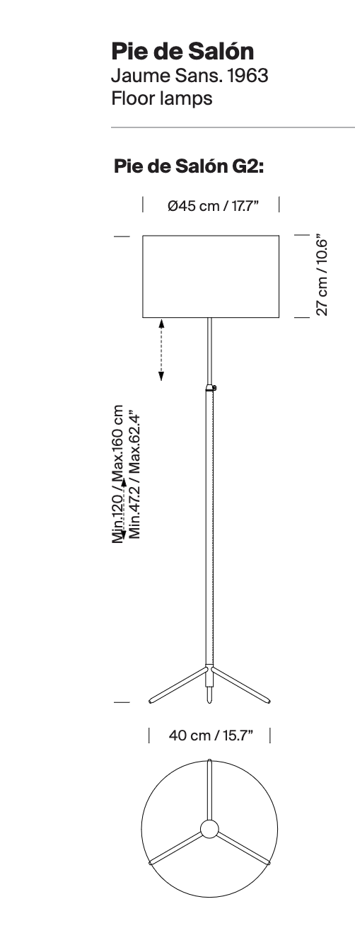Technical line drawing of the Santa & Cole Pie de Salon G2 floor lamp with adjustable height and tapered shade