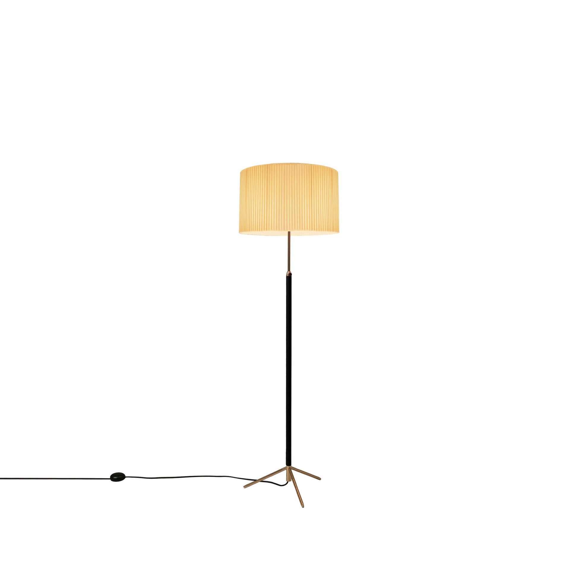 Santa & Cole Pie de Salon G2 leather stem floor lamp with natural ribbon shade and Polished Brass base