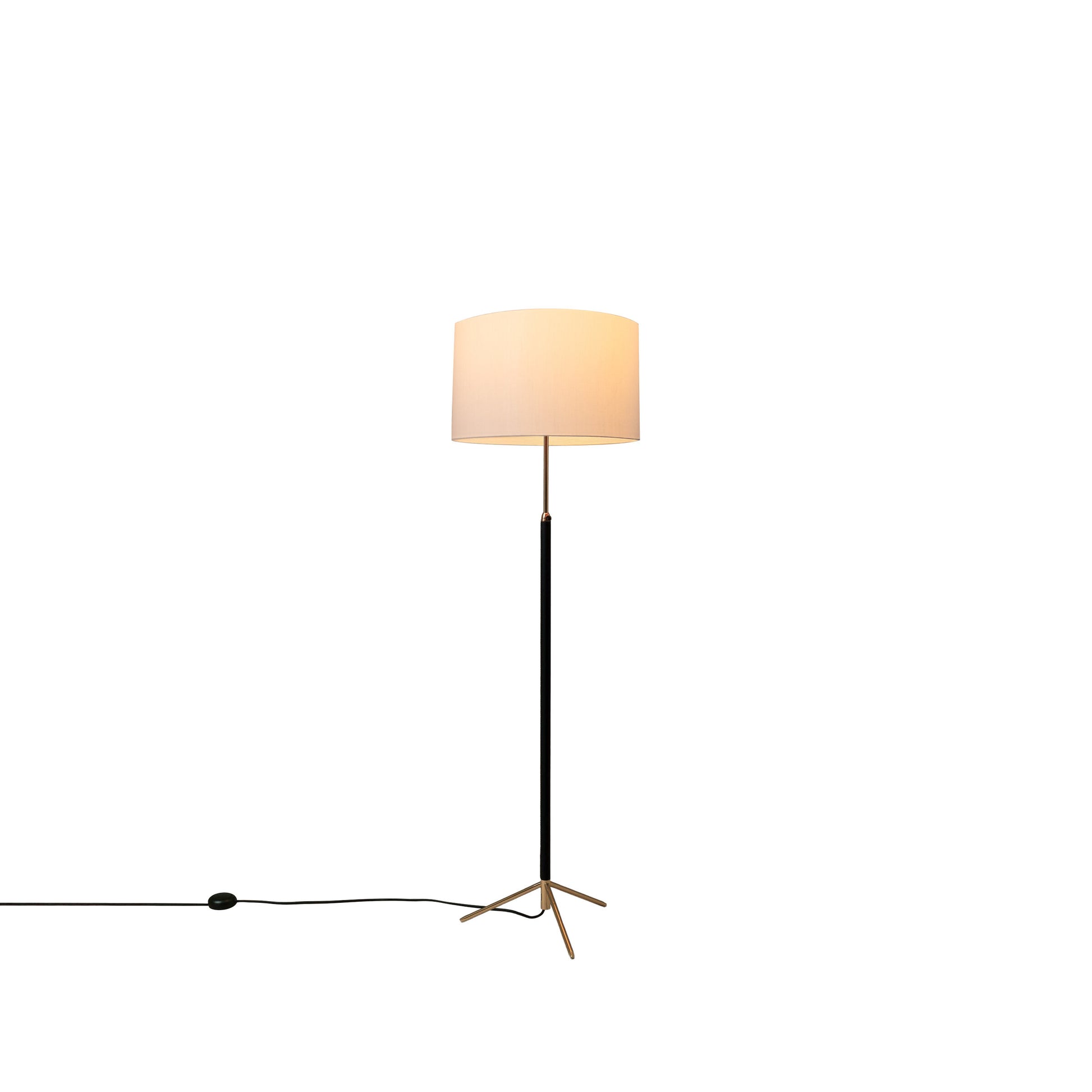 Elegant leather stem floor lamp providing warm lighting in a reading corner with white linen shade and polished brass finish