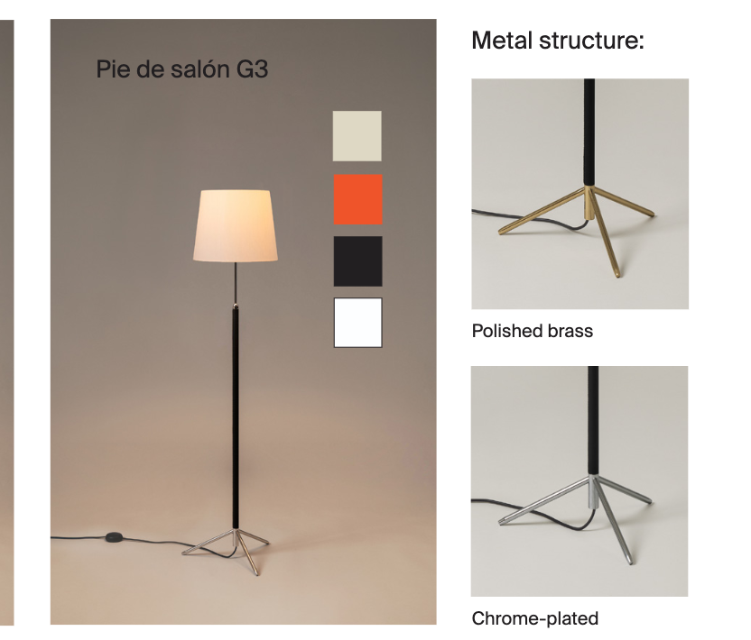 Pie de Salón G3 floor lamp by Santa & Cole with multiple shade selections and chrome or polished brass finishes