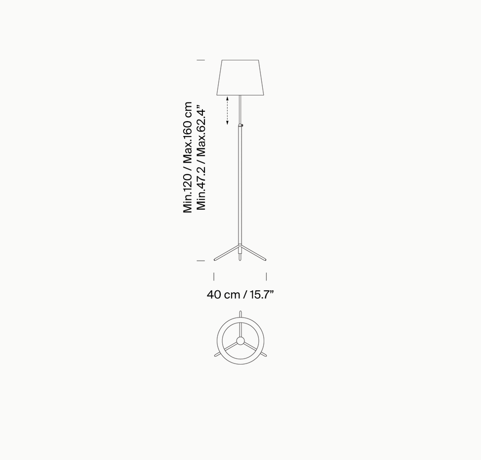 Architectural line drawing of the Santa & Cole Pie de Salón G3 designer floor lamp with detailed specifications