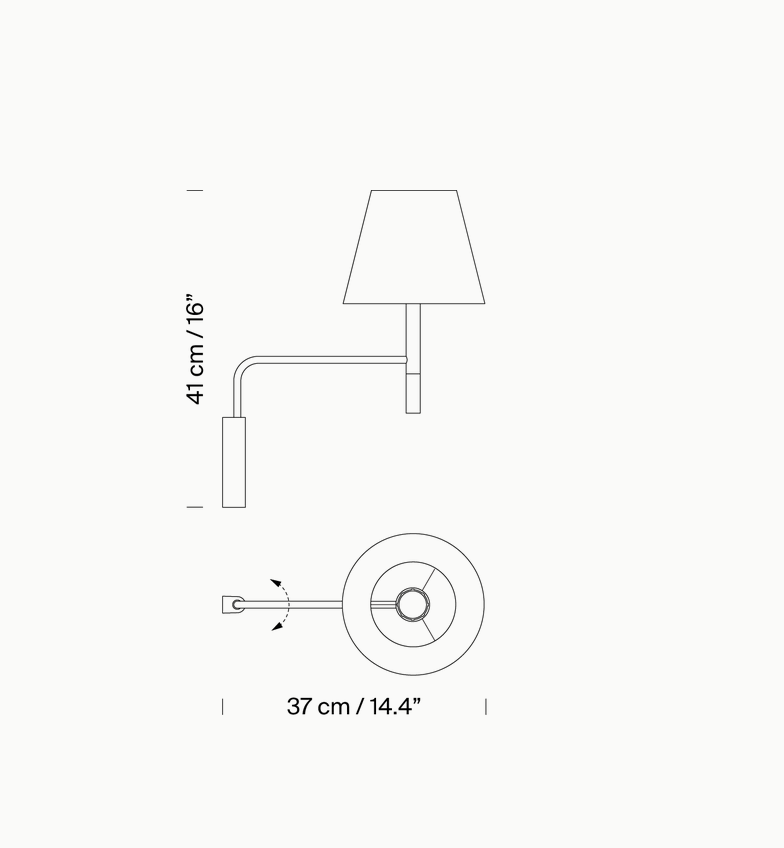 Architectural line drawing of BC Swing Aram wall light for interior design and space planning reference hardwired