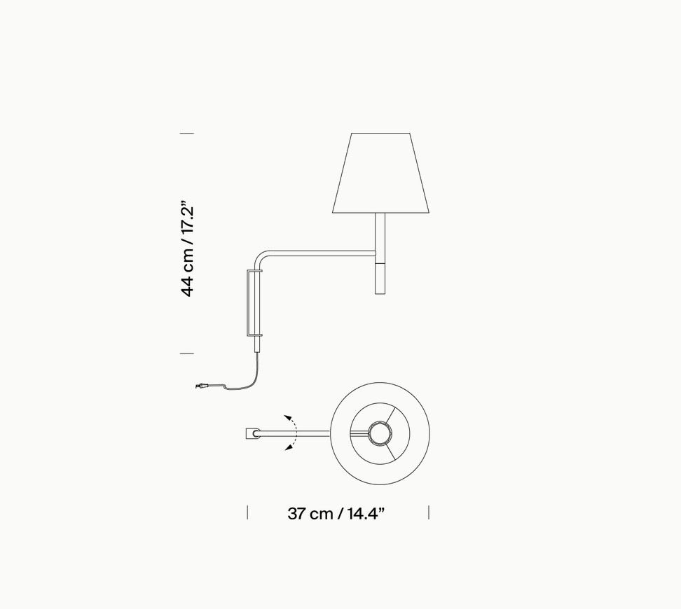 Santa & Cole BC wall lamp schematic illustration with measurements and installation profile details, plug-in