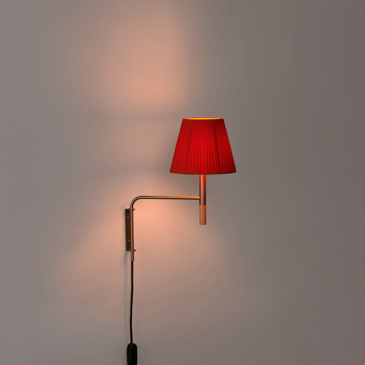 Contemporary Spanish wall sconce with red amber ribbon shade and dimmable LED compatibility