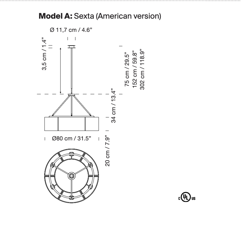 Technical line drawing of Santa & Cole Sexta pendant light with size specifications and installation details