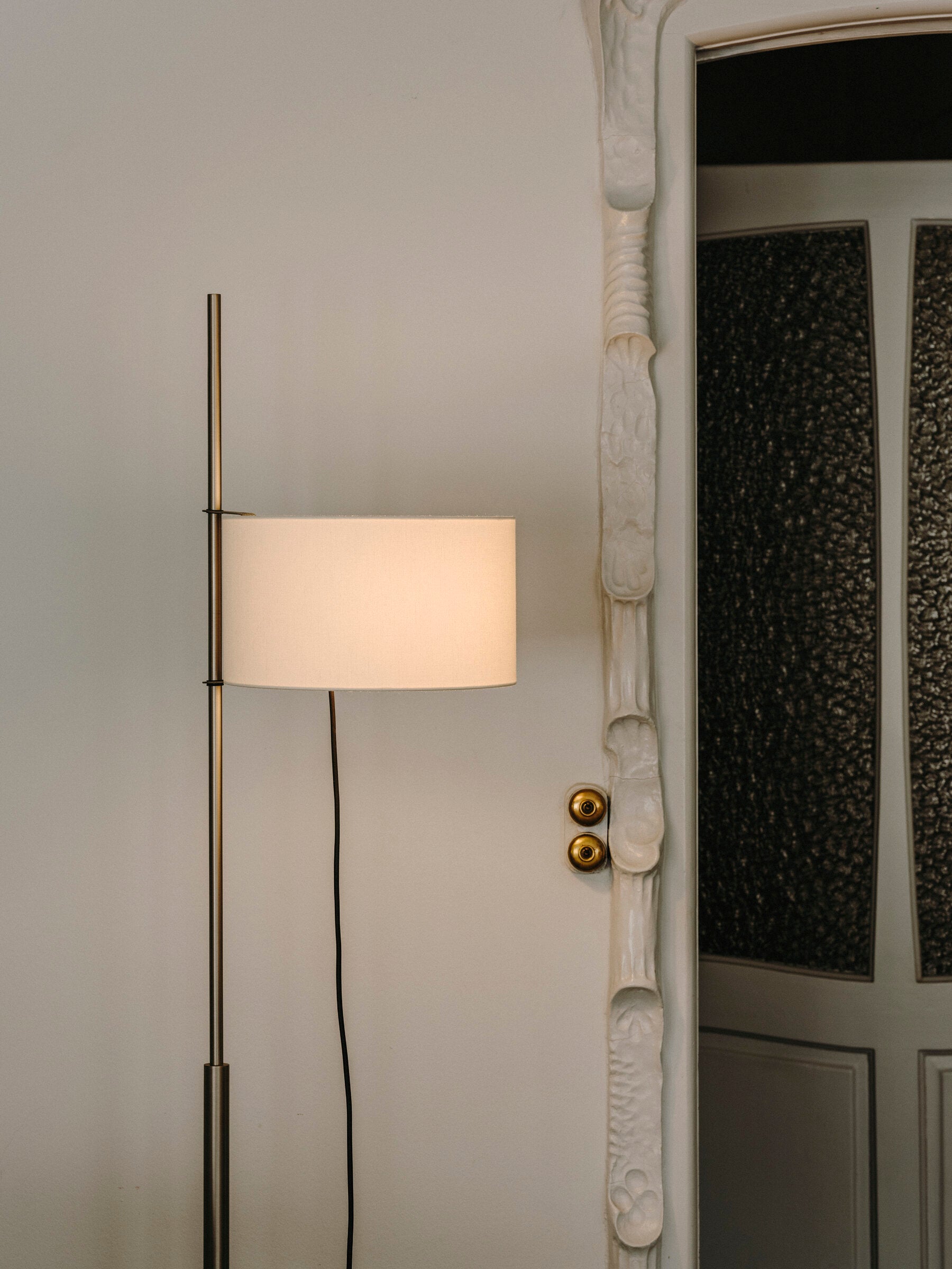 Modern architectural floor lamp by Santa & Cole with linen shade