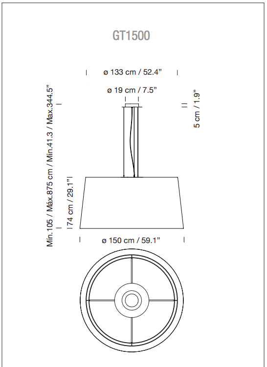 Santa & Cole GT1500 LED ribbon pendant – dimension drawing, image 8