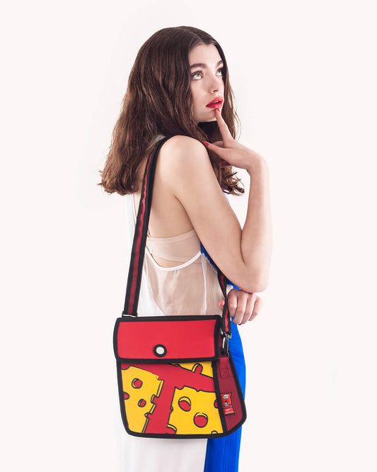 Model carrying the JumpFromPaper Pop Art Cheese Shoulder Bag on the shoulder