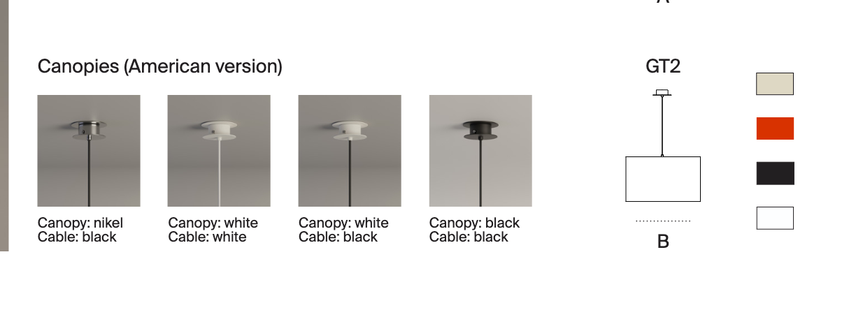 Shade and canopy options for the Santa & Cole Sísísí Cilíndricas pendant light featuring contemporary color and finish selections