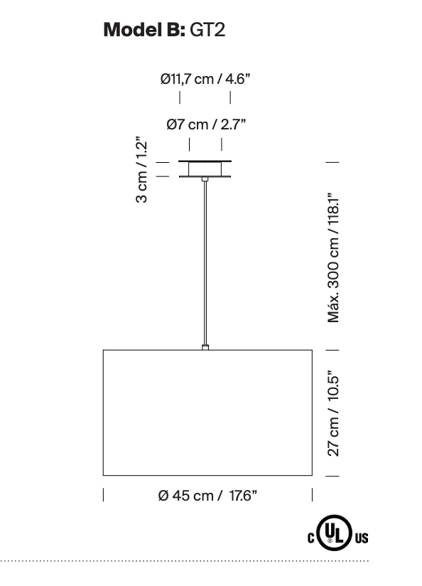 Santa & Cole Sísísí Cilíndricas pendant light dimensional line drawing showing cylindrical shade and suspension details