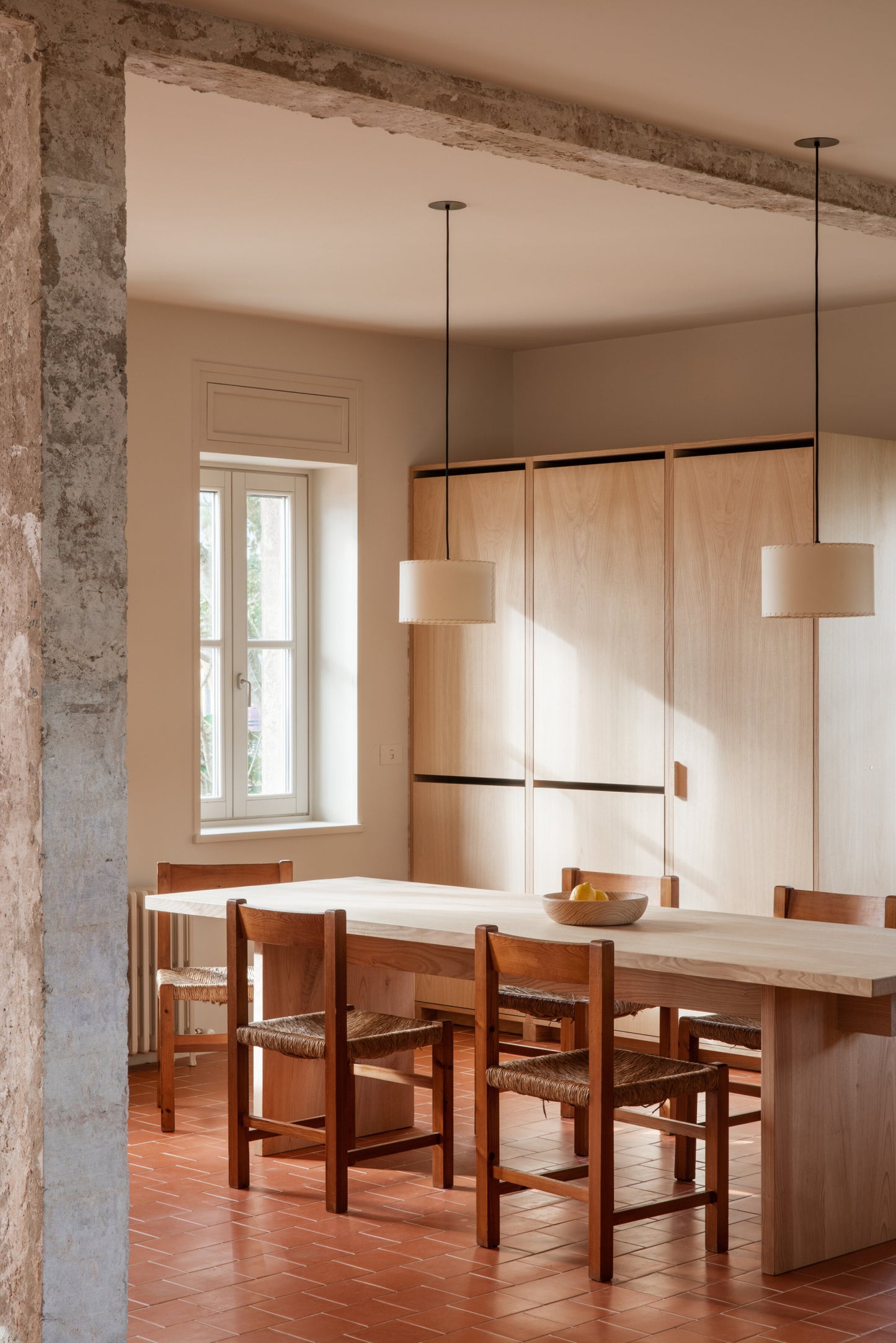White linen shade pendant light by Santa & Cole for bedrooms, lounges, and hotel interiors