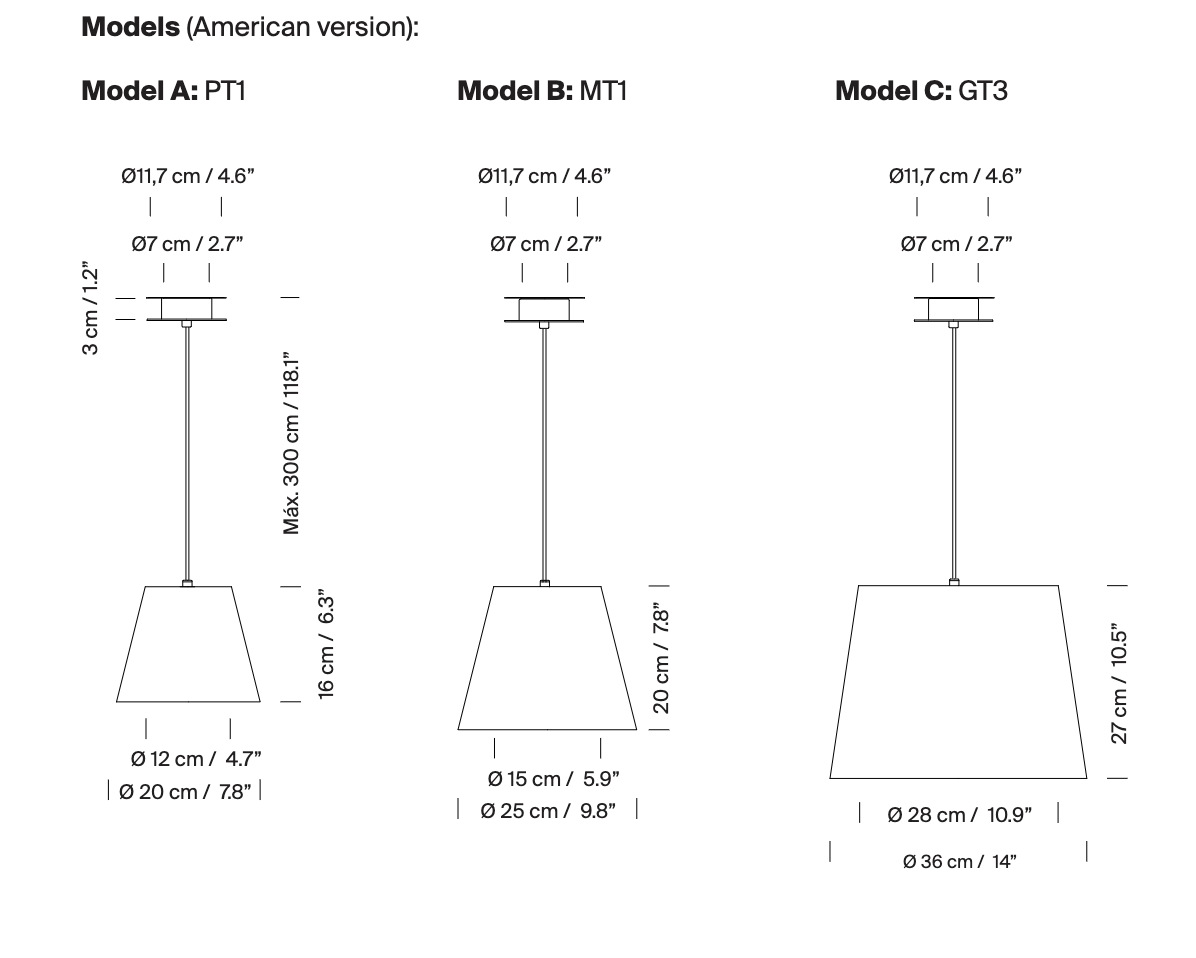 Dimensioned line drawing of the Santa & Cole Sísísí Cónicas pendant lamp with customizable shade, canopy, and cable options