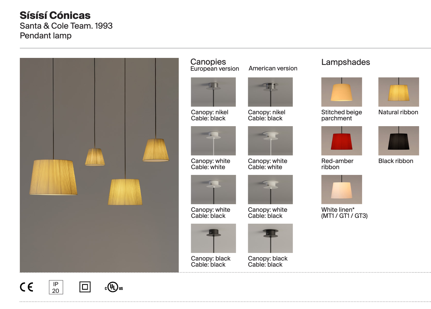 Available shade materials, canopy finishes, and cord colors for the Santa & Cole Sísísí Cónicas pendant light