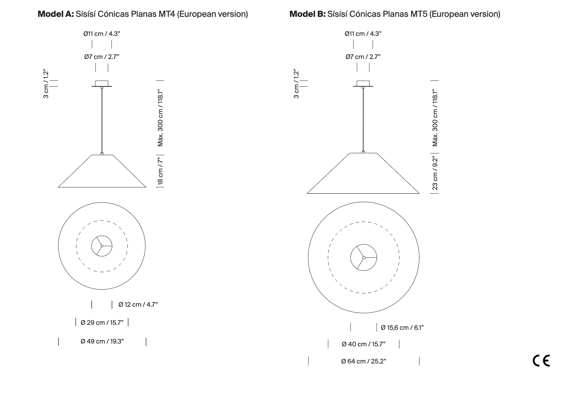 Technical line drawing of Sísísí Cónicas Planas designer pendant lamp by Santa & Cole Spain