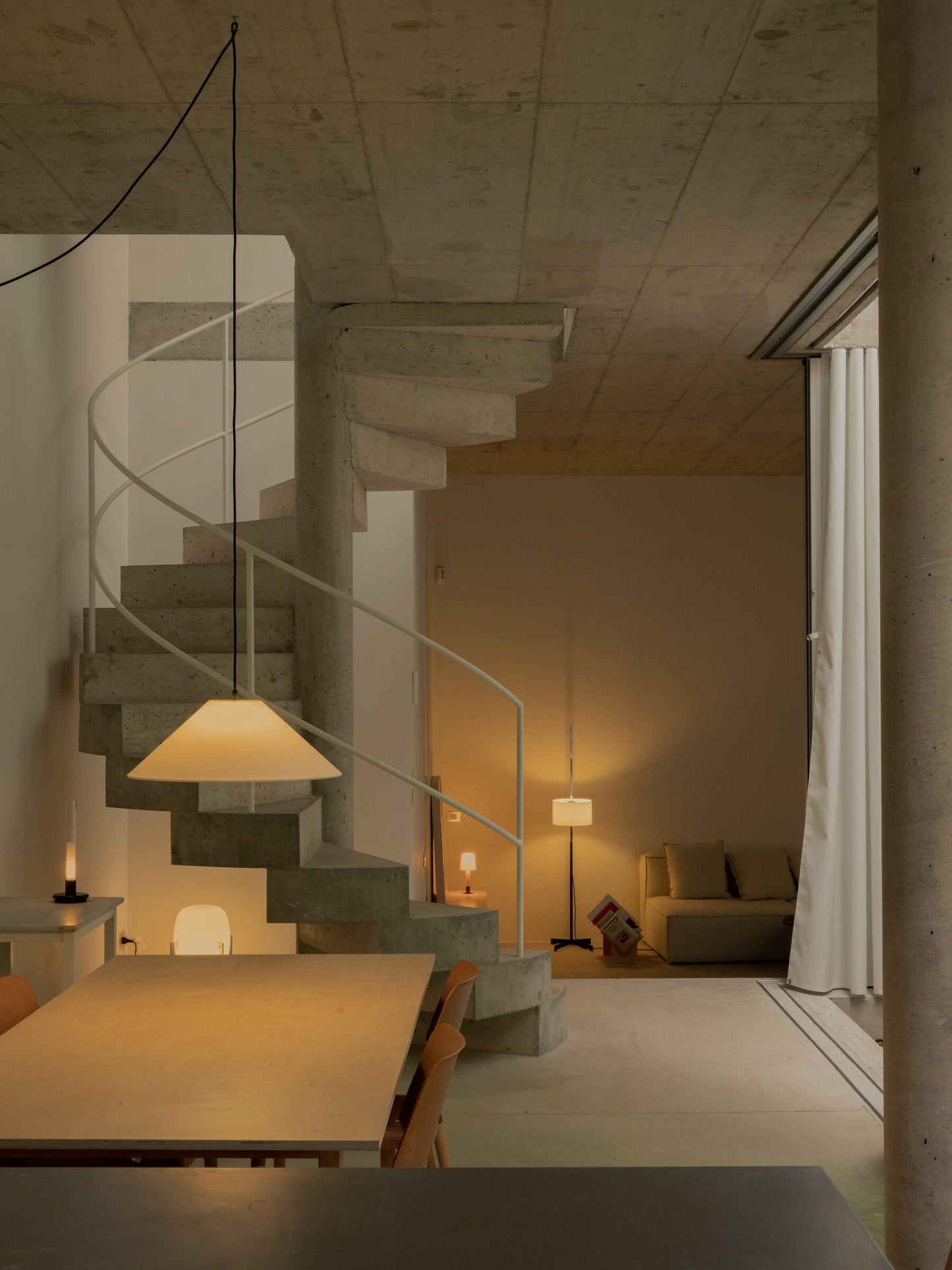 Flat conical shade pendant light for long dining tables