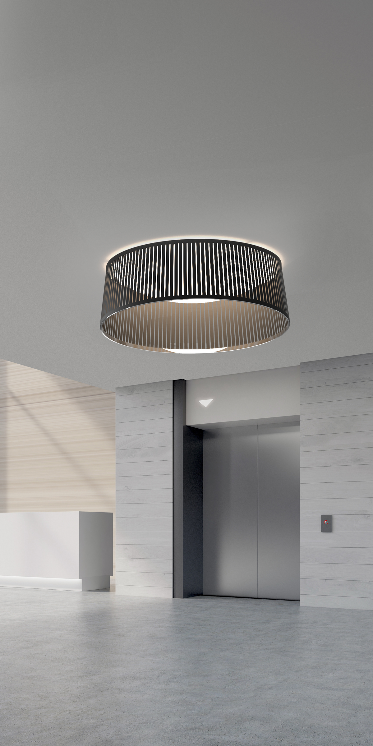 Dark fabric Solis drum flush mounts on a high ceiling in a modern lobby