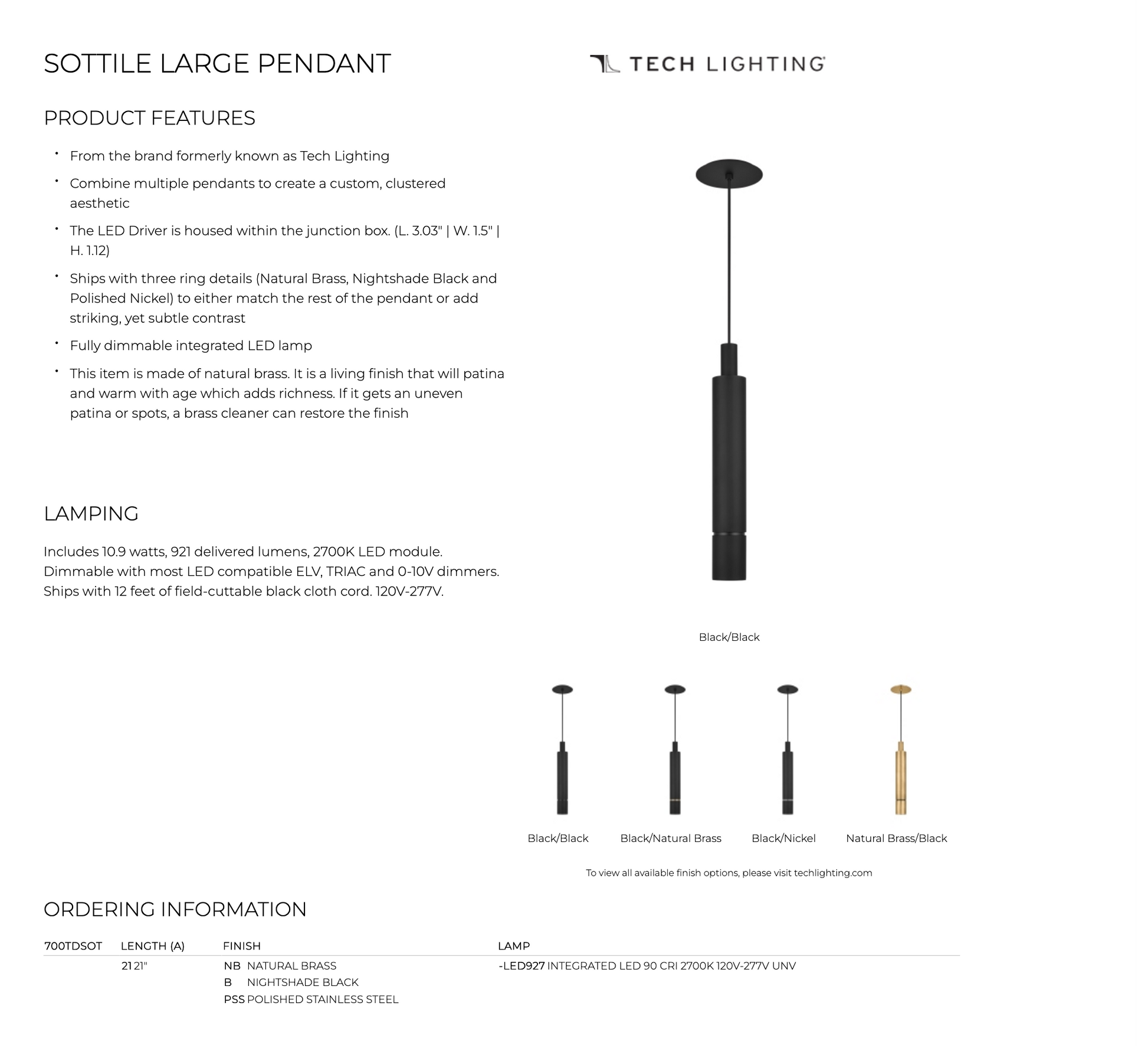 Sottile Large LED Cylinder Pendant Light by Visual & Comfort & Co