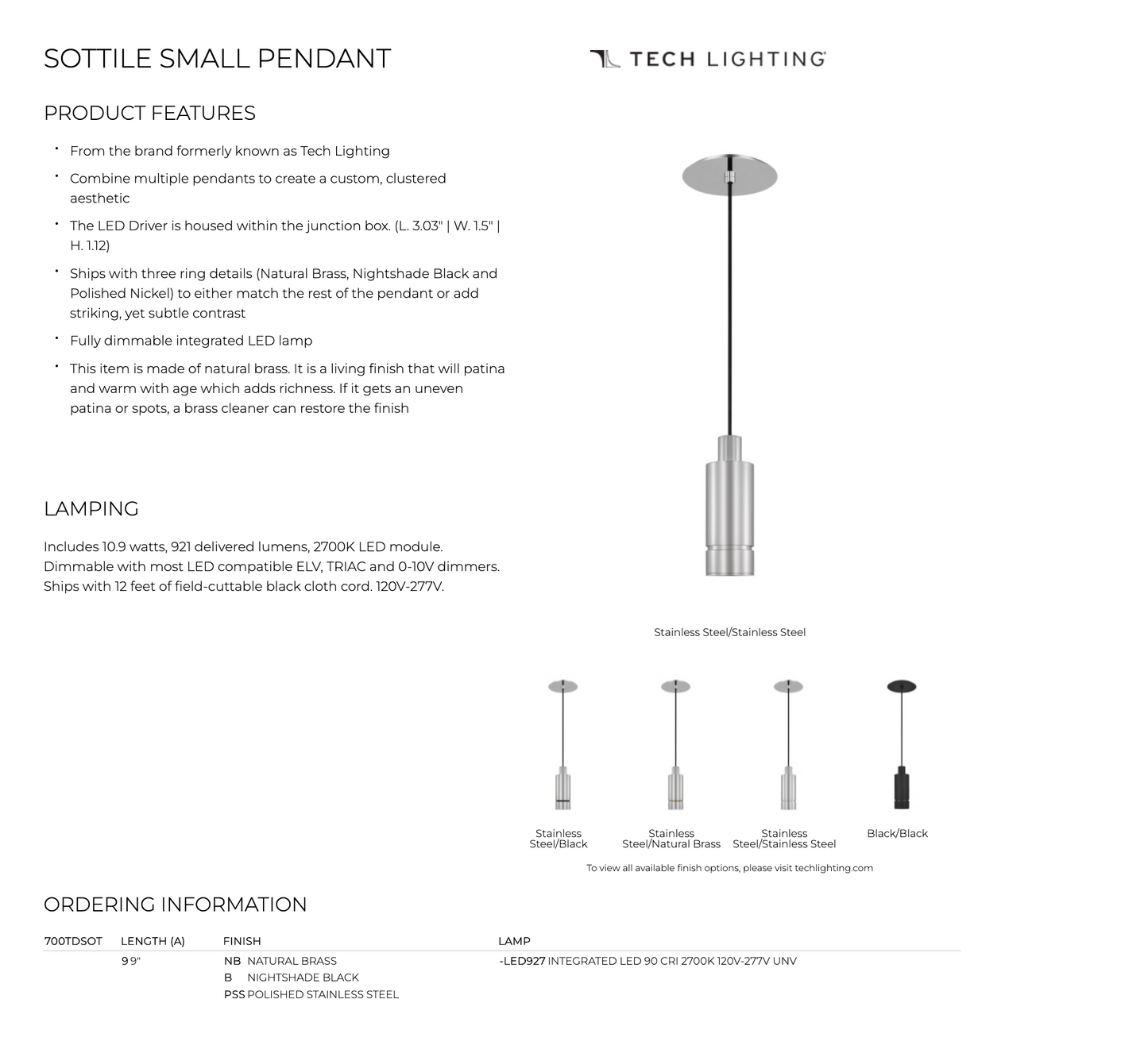 Sottile Small LED Pendant Light Dimmable Fixture by Visual & Comfort & Co