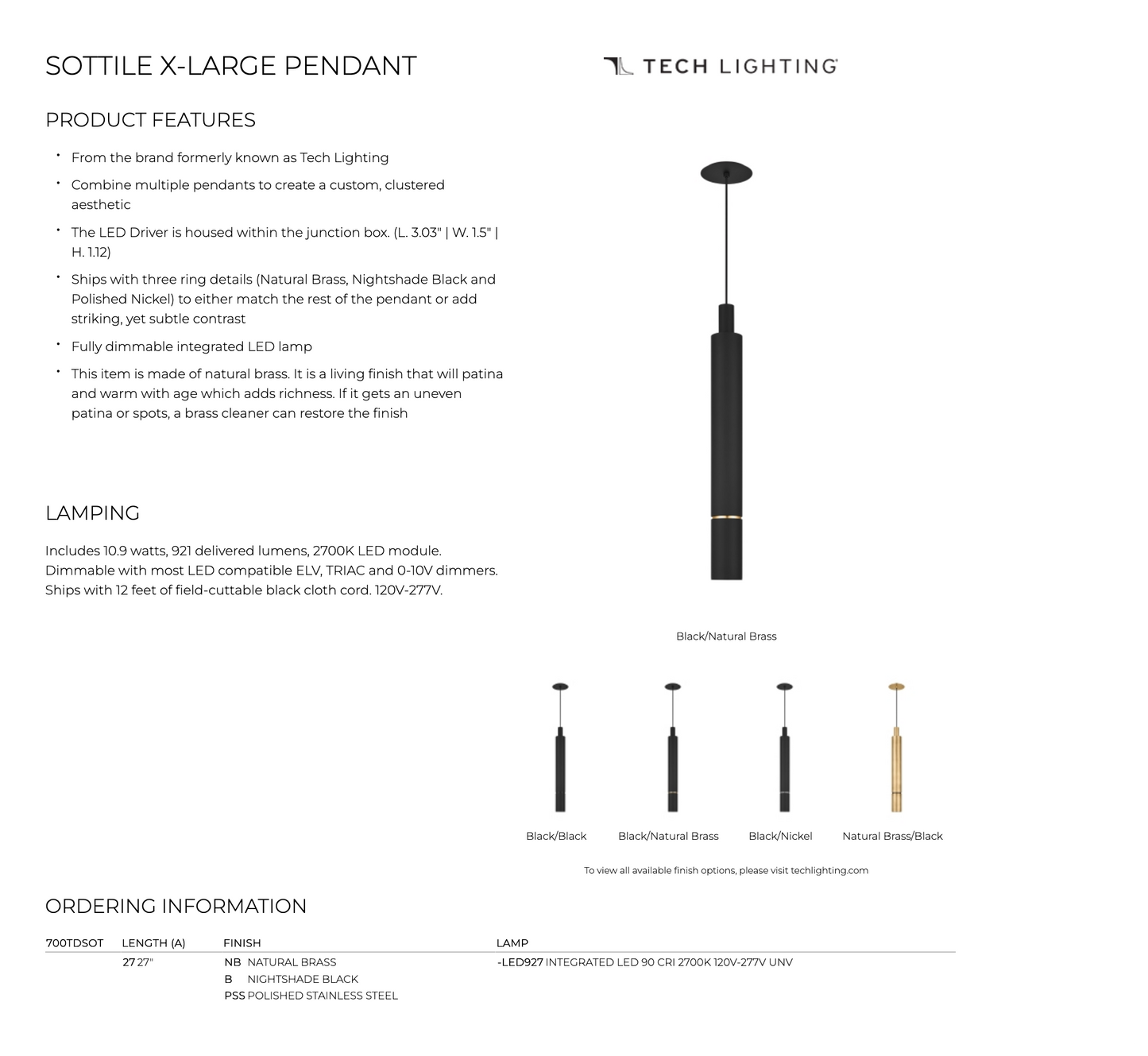 Products 700Tdsot27 Sottile Xl LED Cylinder Pendant by Visual & Comfort & Co