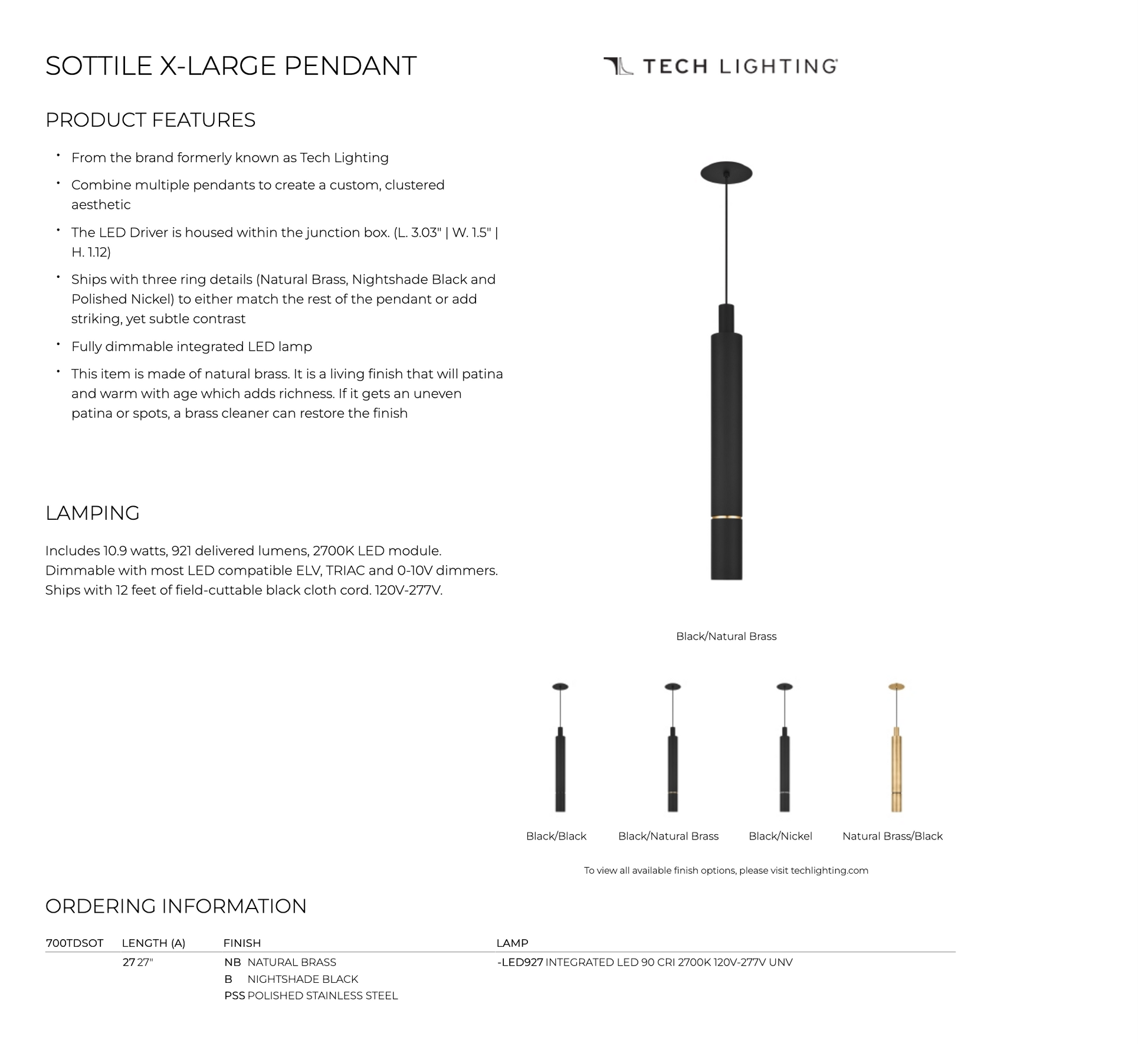 Products 700Tdsot27 Sottile Xl LED Cylinder Pendant by Visual & Comfort & Co