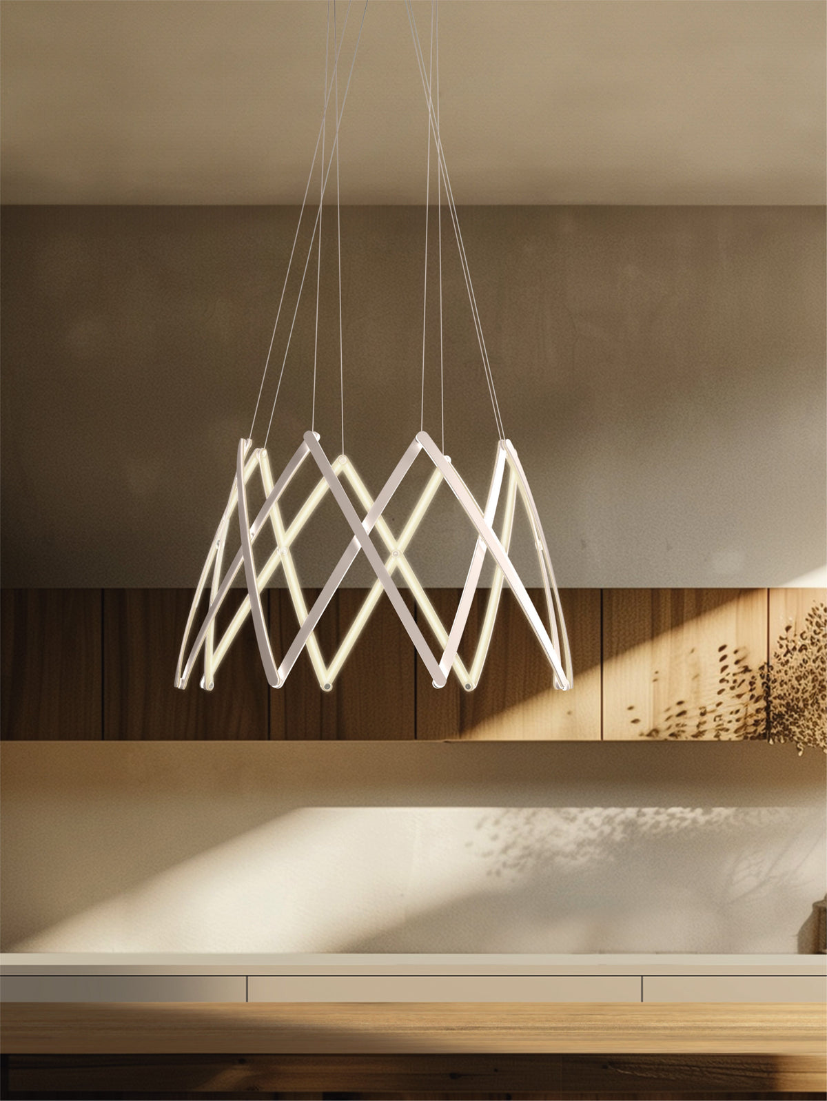 Stella expandable pendant opened wide in a warm-lit room