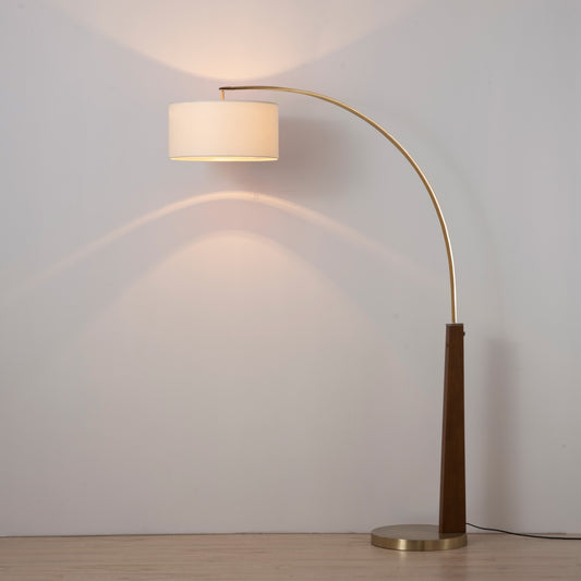 Taper Arc Floor Lamp Walnut Wood Weathered Brass White Cotton Linen Shade 2110251W by Nova California