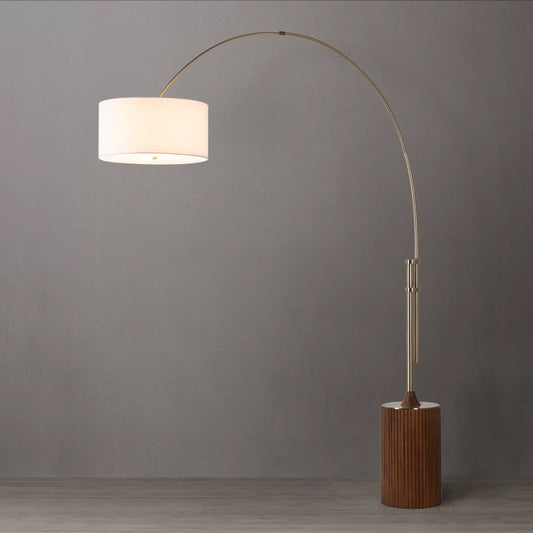 Tambo Arc Floor Lamp Dark Walnut Wood Weathered Brass Tambour Base White Linen Shade 2110832Dw by Nova California