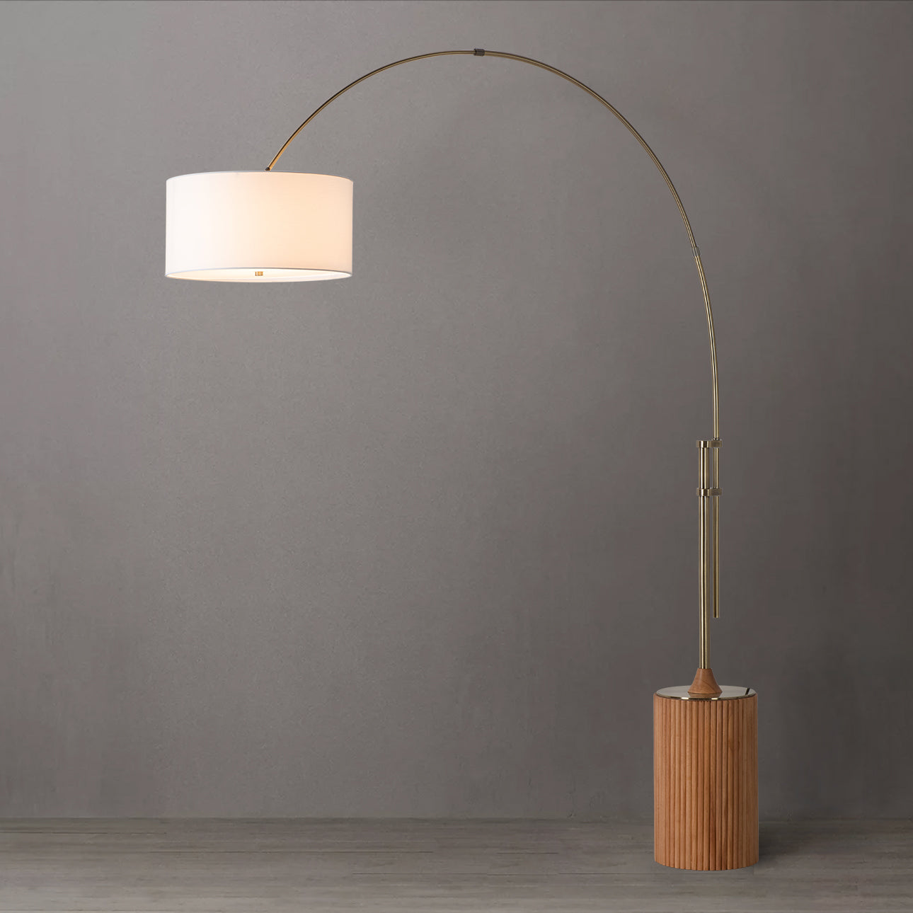 Tambo Arc Floor Lamp Natural Ash Wood Weathered Brass Tambour Base White Linen Shade 2110832Lw by Nova California