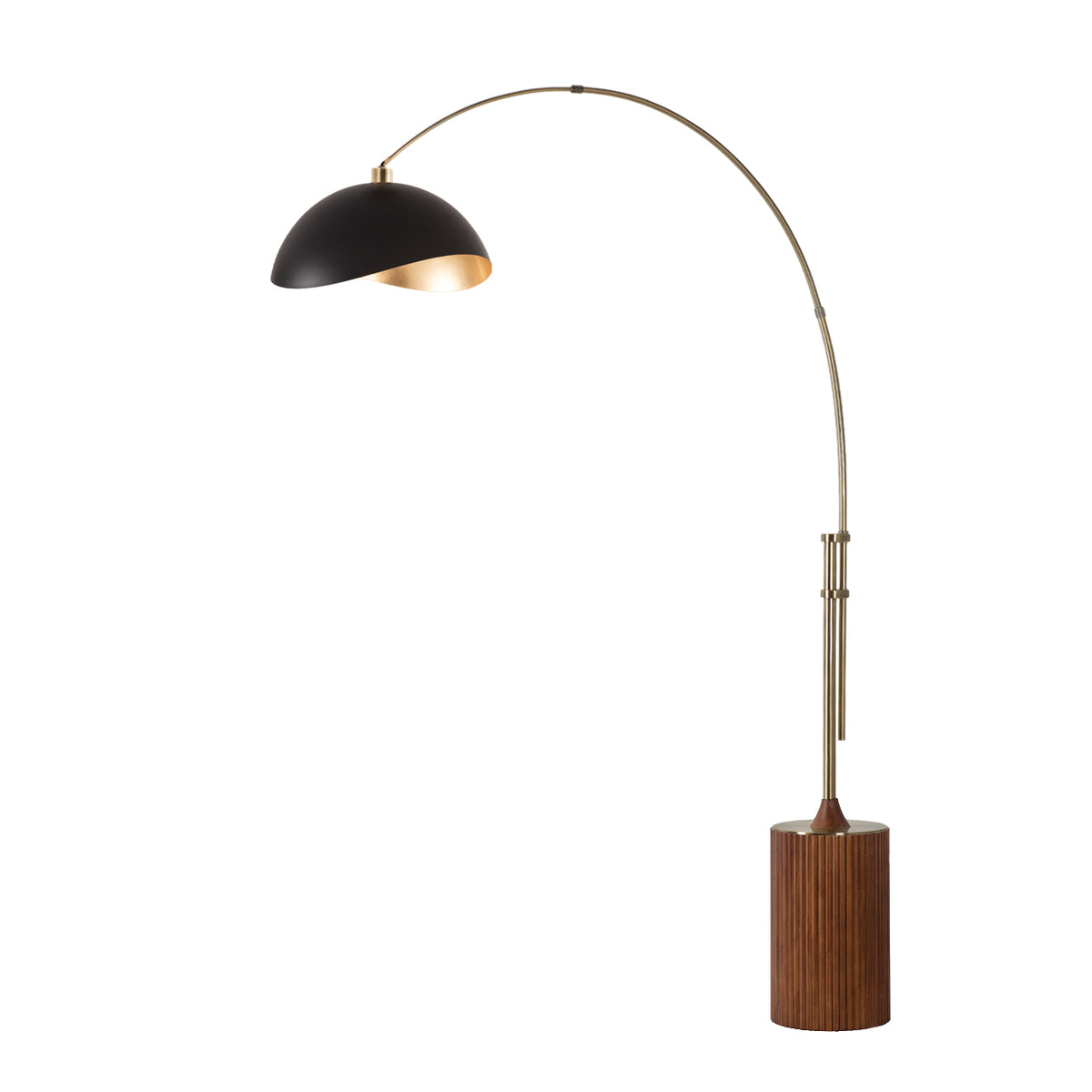 Tambo Luna Bella Adjustable 1-Light Arc Lamp by Nova of California, Matte Black/Gold shade, Weathered Brass body, Dark Walnut base – view 6