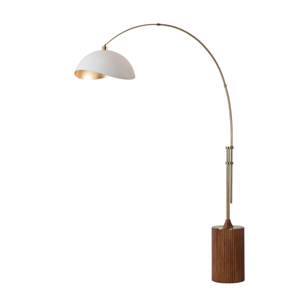 Tambo Luna Bella Adjustable 1-Light Arc Lamp by Nova of California, White/Gold shade, Weathered Brass body, Dark Walnut base – view 7