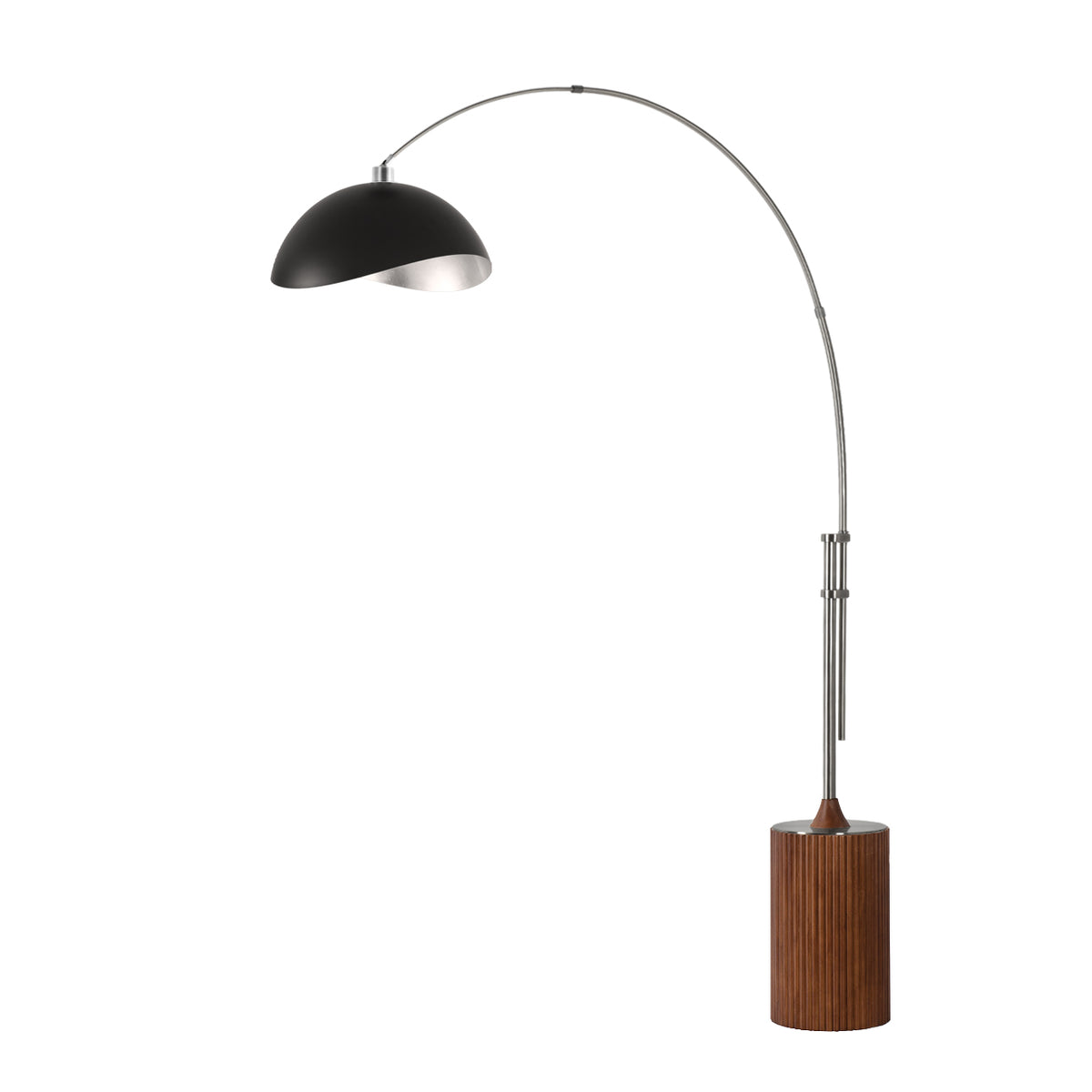 Tambo Luna Bella Adjustable 1-Light Arc Lamp by Nova of California, Matte Black/Silver shade, Satin Nickel body, Dark Walnut base – view 8