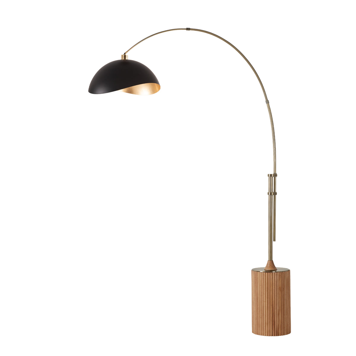 Tambo Luna Bella Adjustable 1-Light Arc Lamp by Nova of California, Matte Black/Gold shade, Weathered Brass body, Natural Ash base – view 10