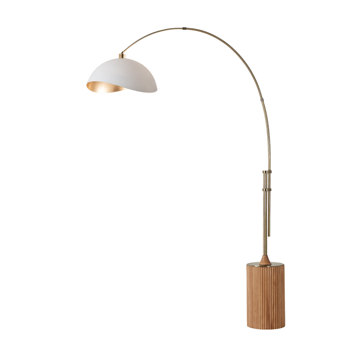 Tambo Luna Bella Adjustable 1-Light Arc Lamp by Nova of California, White/Gold shade, Weathered Brass body, Natural Ash base – view 11