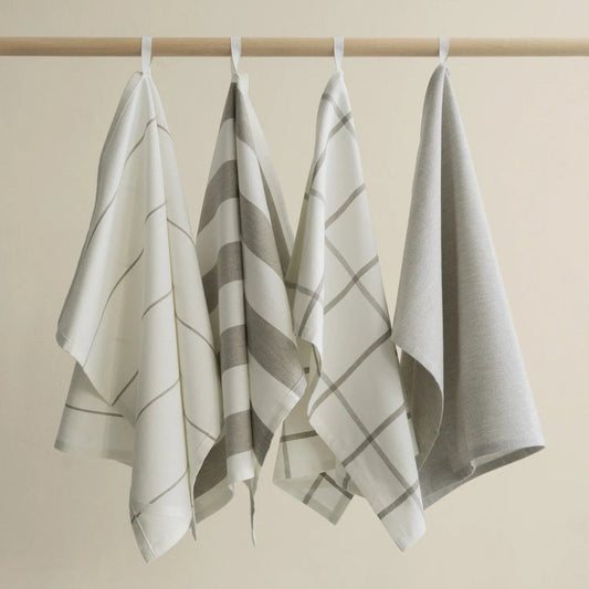 blomus TAULO Organic Cotton Tea Towels, Set of 2 Patterns – TAULO tea towels in a styled setting (1)