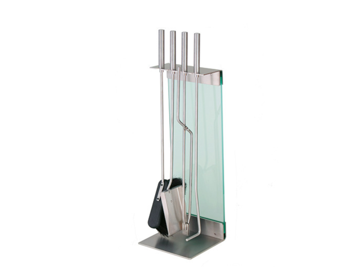 Teras Fireplace Tools with Stand by Conmoto – studio view of the stainless steel and glass stand