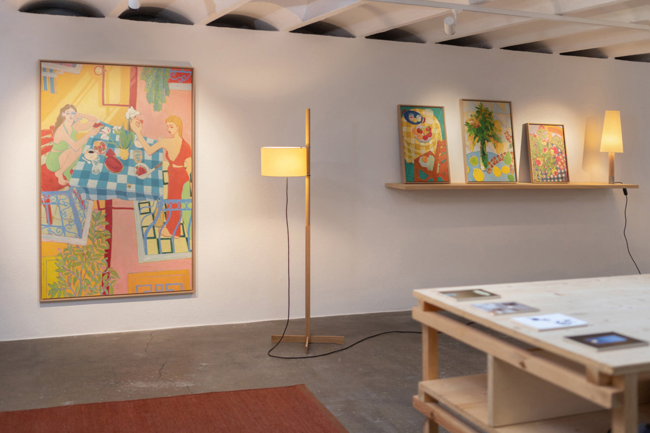 Contemporary wood floor lamp with parchment shade for luxury residential interiors