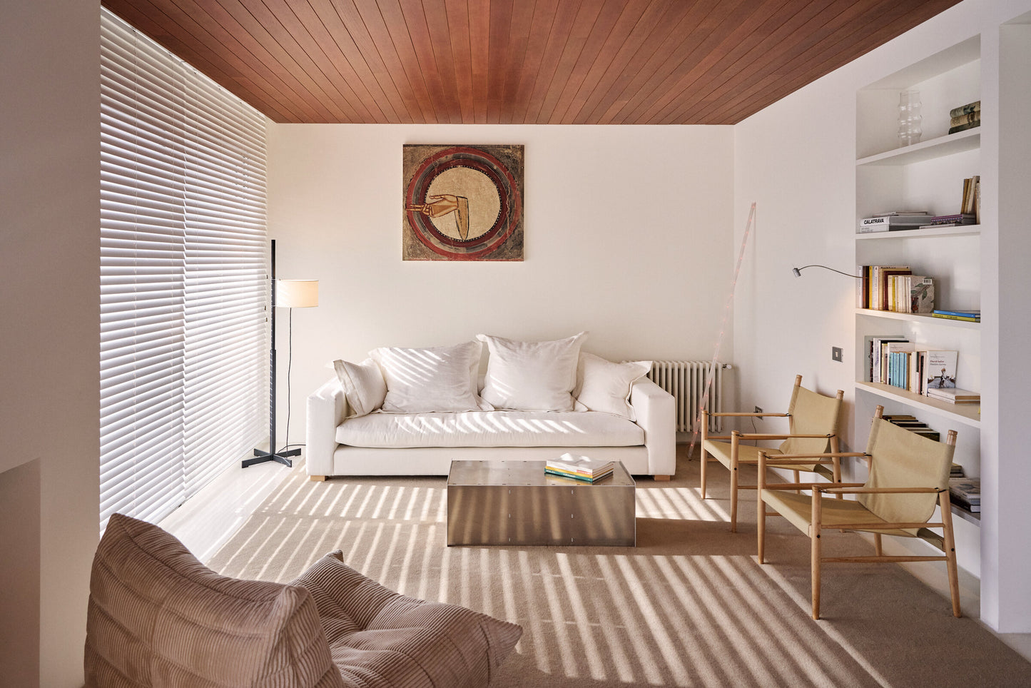 Wood structure floor lamp with parchment shade for Scandinavian and modern interiors