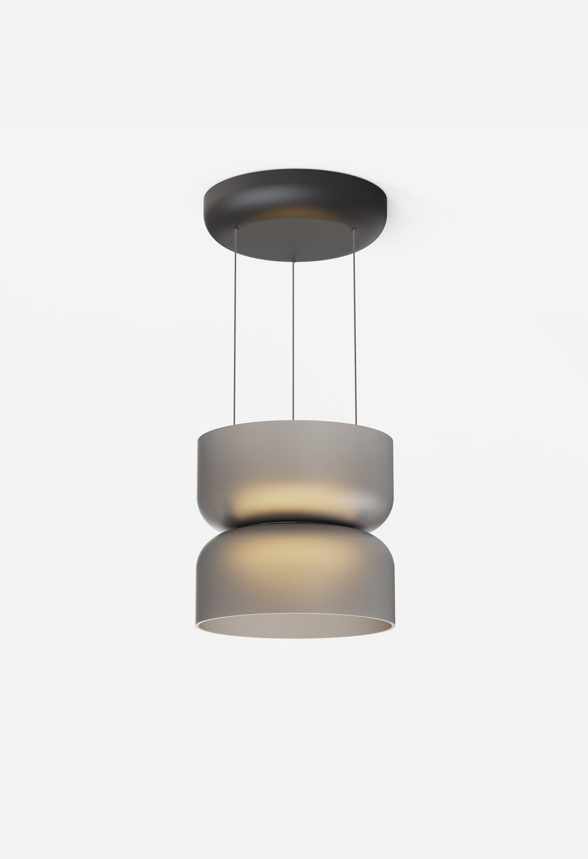 Totem Mini glass pendant, black canopy, etched smoke glass, studio shot