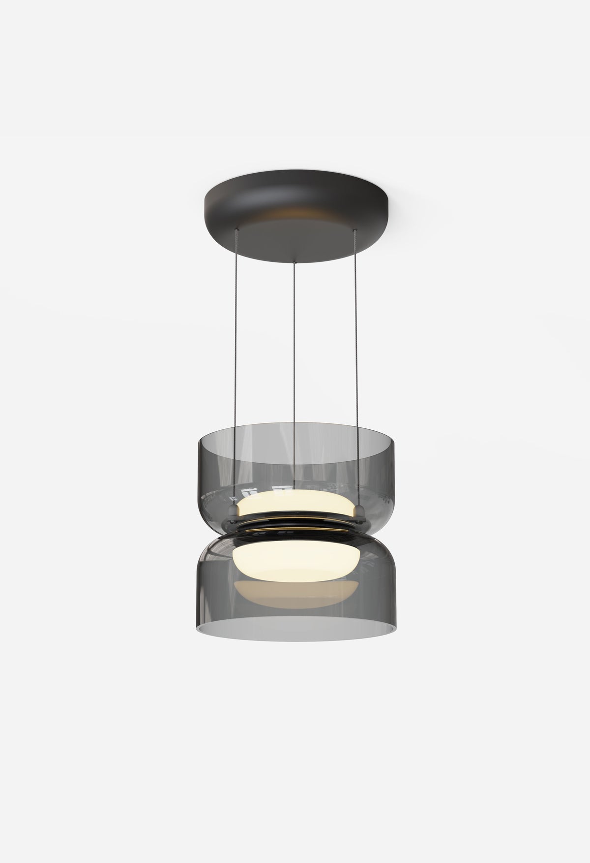 Totem Mini glass pendant, black canopy, smoke glass, studio shot