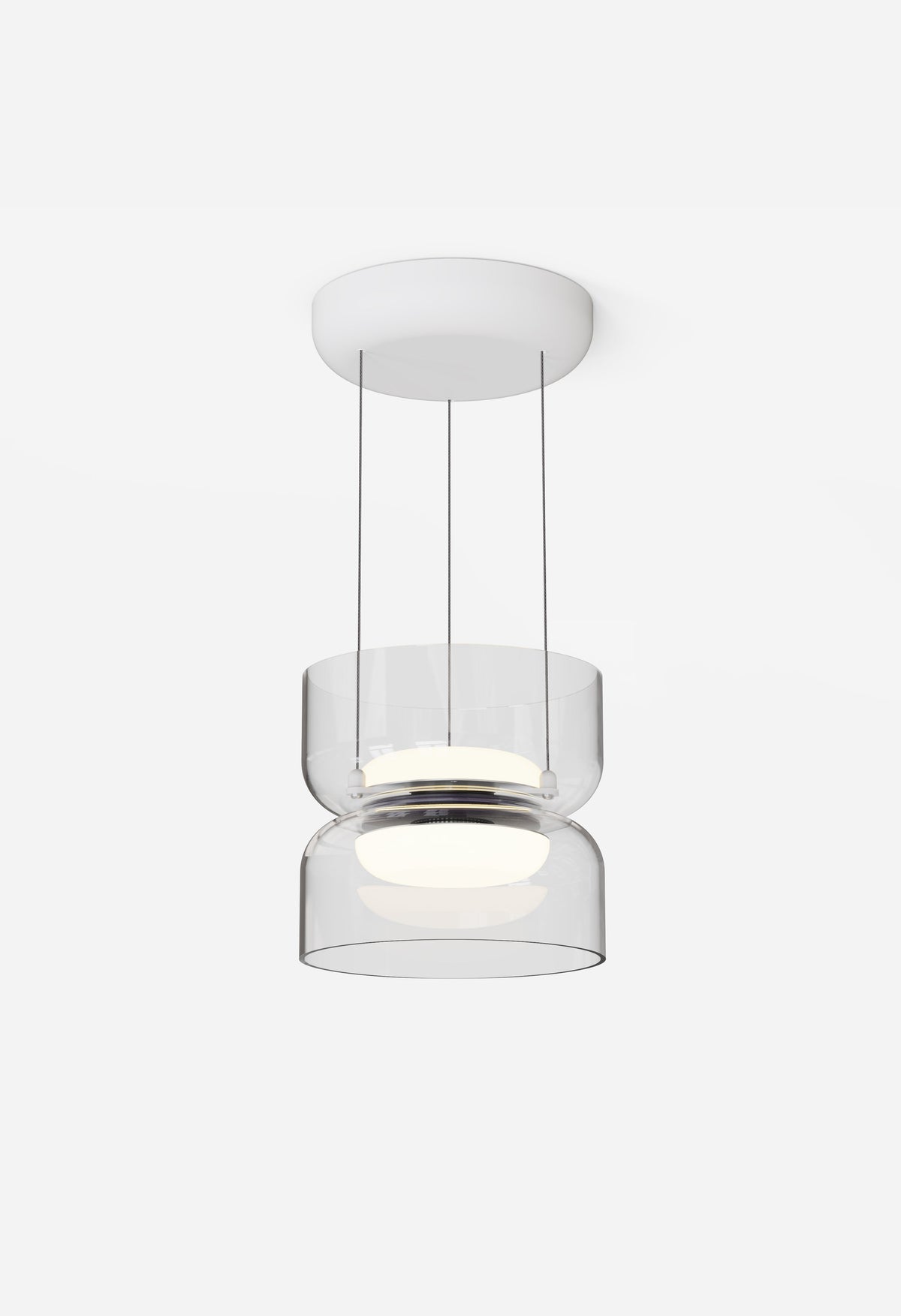 Totem Mini glass pendant, white canopy, clear glass, studio shot