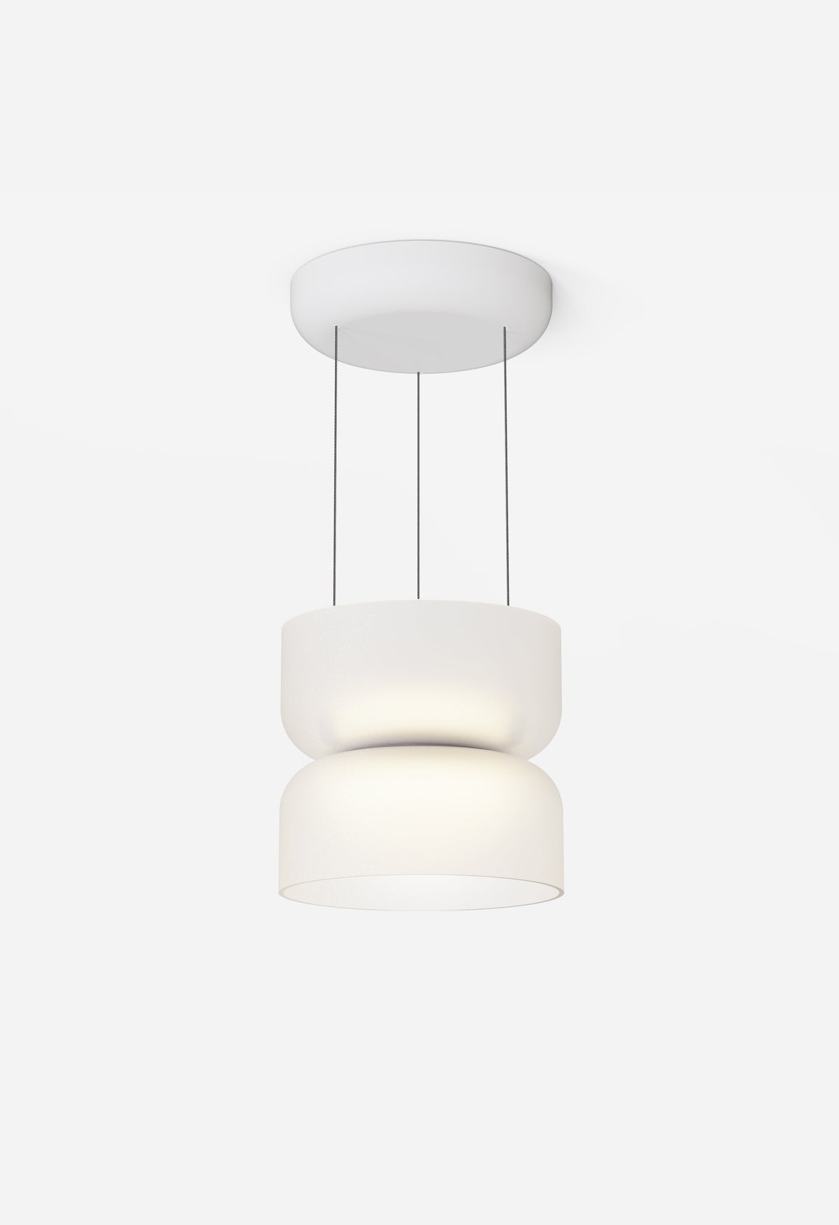 Totem Mini glass pendant, white canopy, etched white glass, studio shot