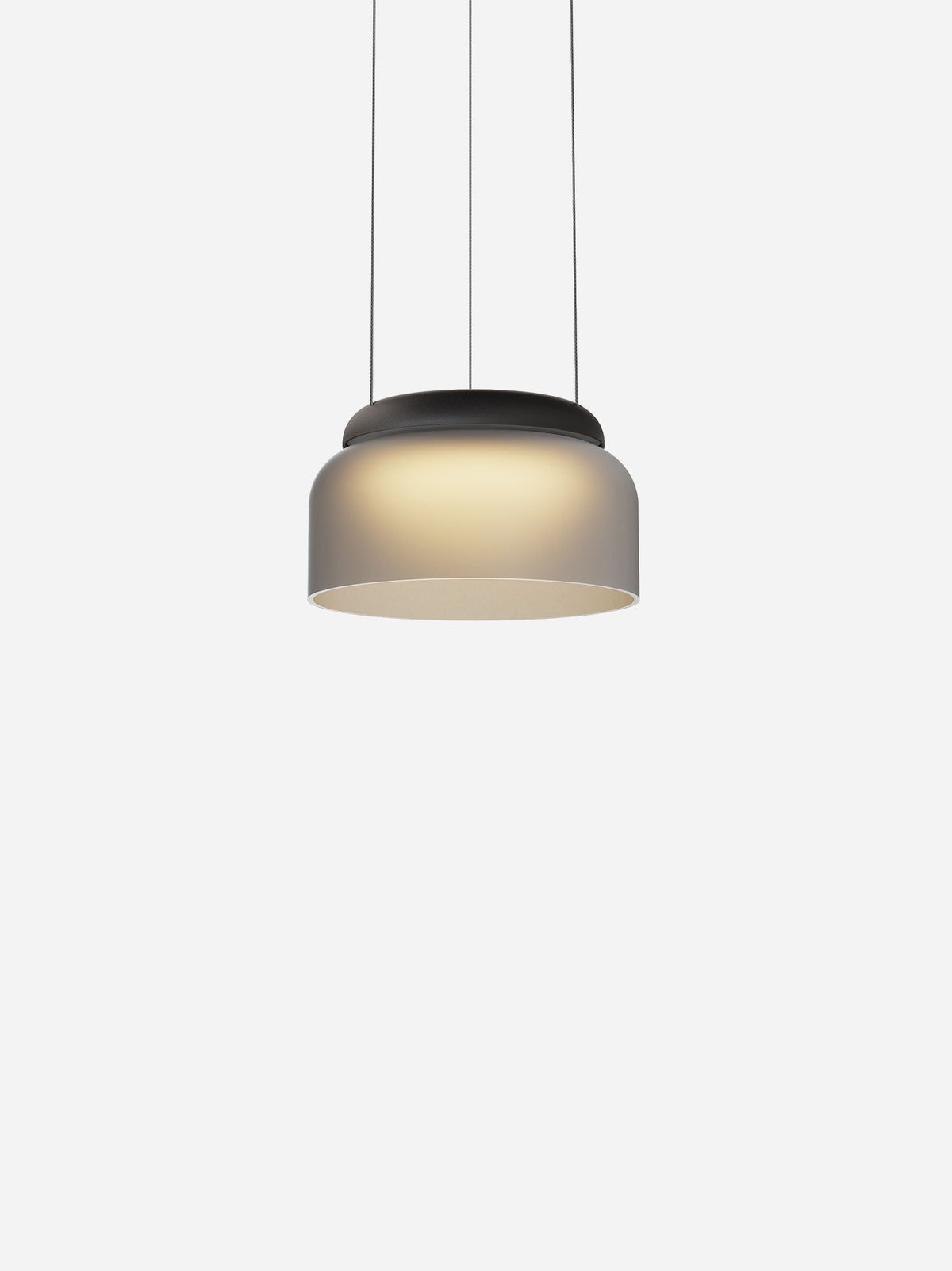 Totem Mini downlight-only glass pendant, black canopy, etched smoke glass, studio shot