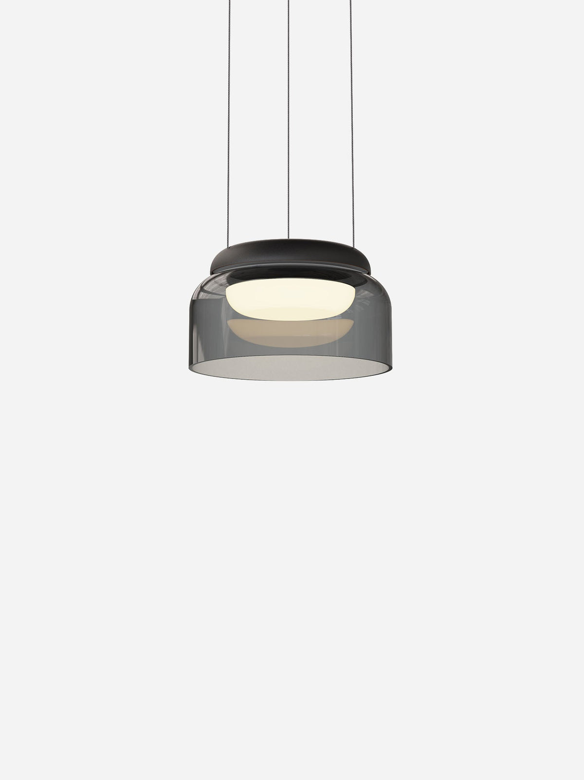 Totem Mini downlight-only glass pendant, black canopy, smoke glass, studio shot