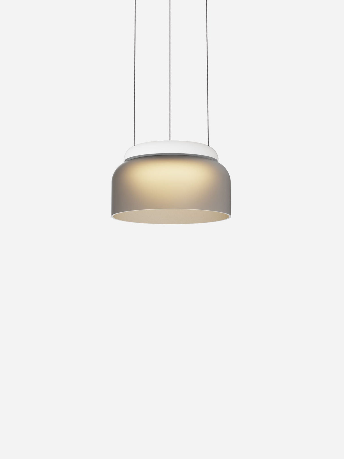 Totem Mini downlight-only glass pendant, white canopy, etched smoke glass, studio shot