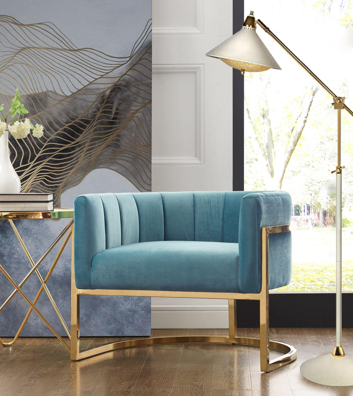 Magnolia Performance Velvet Accent Chair - Gold Base in Sea Blue by TOV Furniture – photo 2 of 6