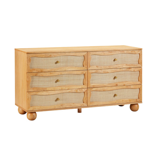 Grappa 62" Natural Wood &amp; Raffia Wavy 6-Drawer Dresser Natural by Tov Furniture